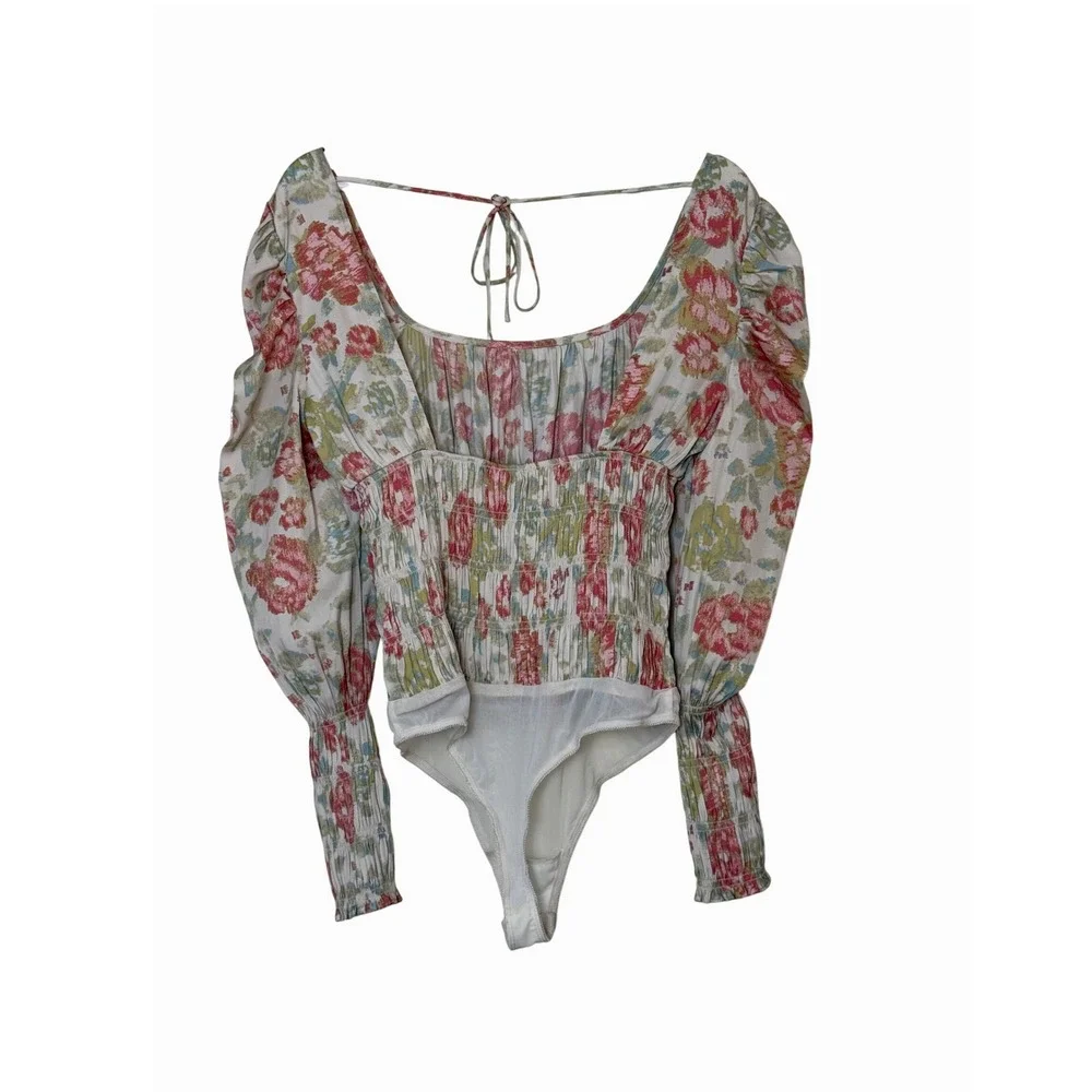 Intimately Free People‎ Boho Floral Smocked Bodysuit Milkmaid Size S Whimsical